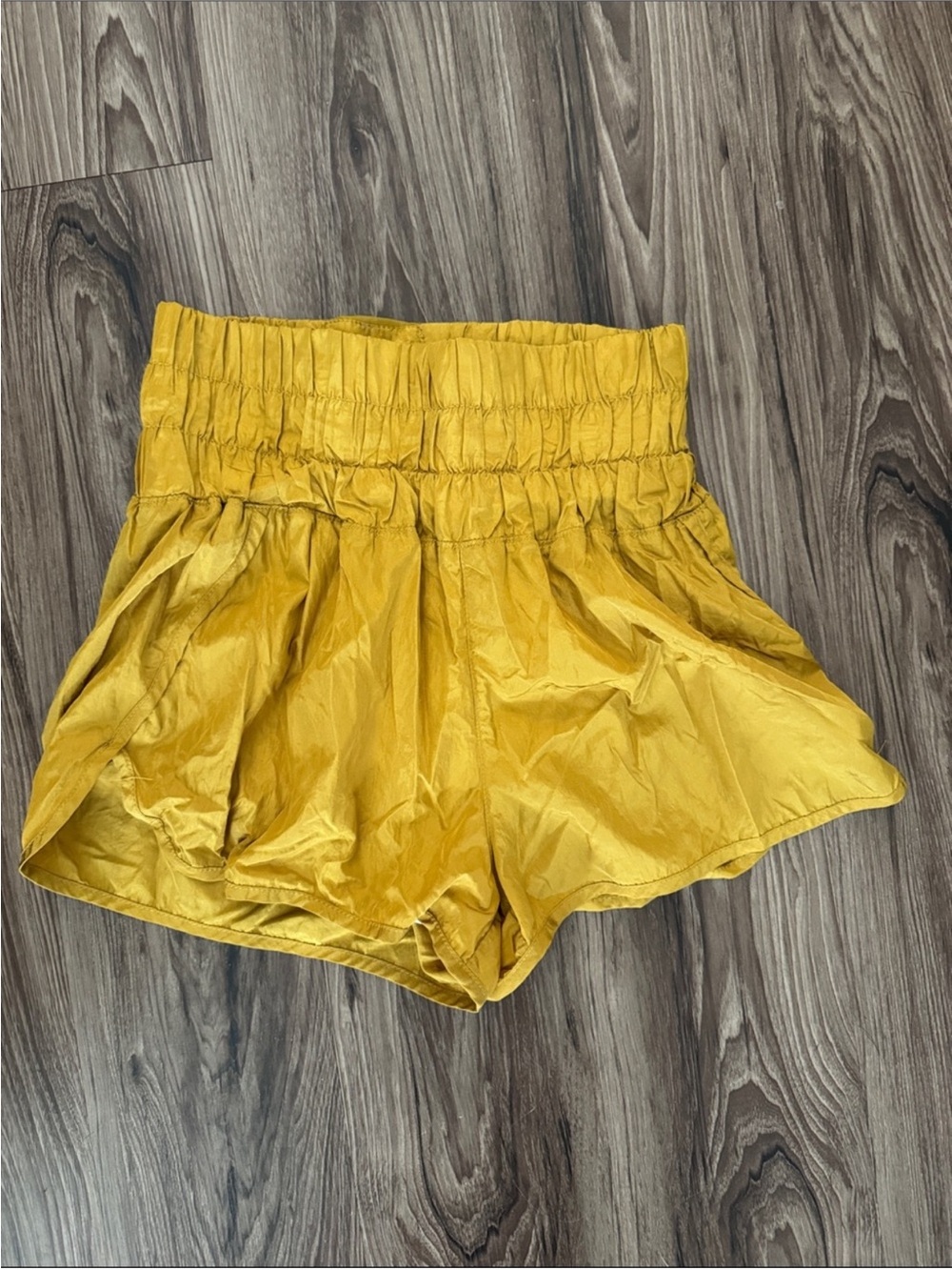 Free People High-Waist Mustard Yellow Ruched Shorts
